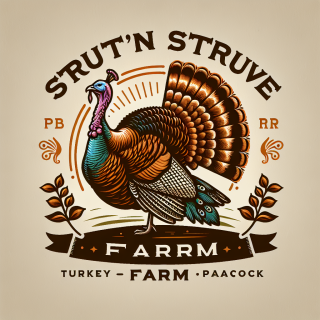 create a logo for Strut'n Struve Farm that offers breeds turkey and peafowl