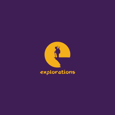 Man on cliff in yellow circle purple logo