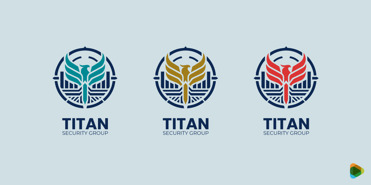 Titan Security Group Logo Color Variations Three Titan Security Group logos with teal, gold, and red winged emblems on light background.