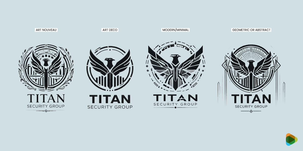 Four Titan Security Group logos in Art Nouveau, Art Deco, modern, and geometric styles.