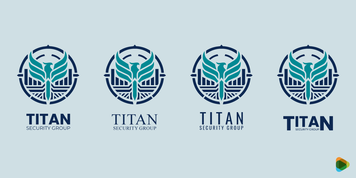 Titan Security Group Typography Variations Four Titan Security Group logos showing different font styles with teal winged emblem.
