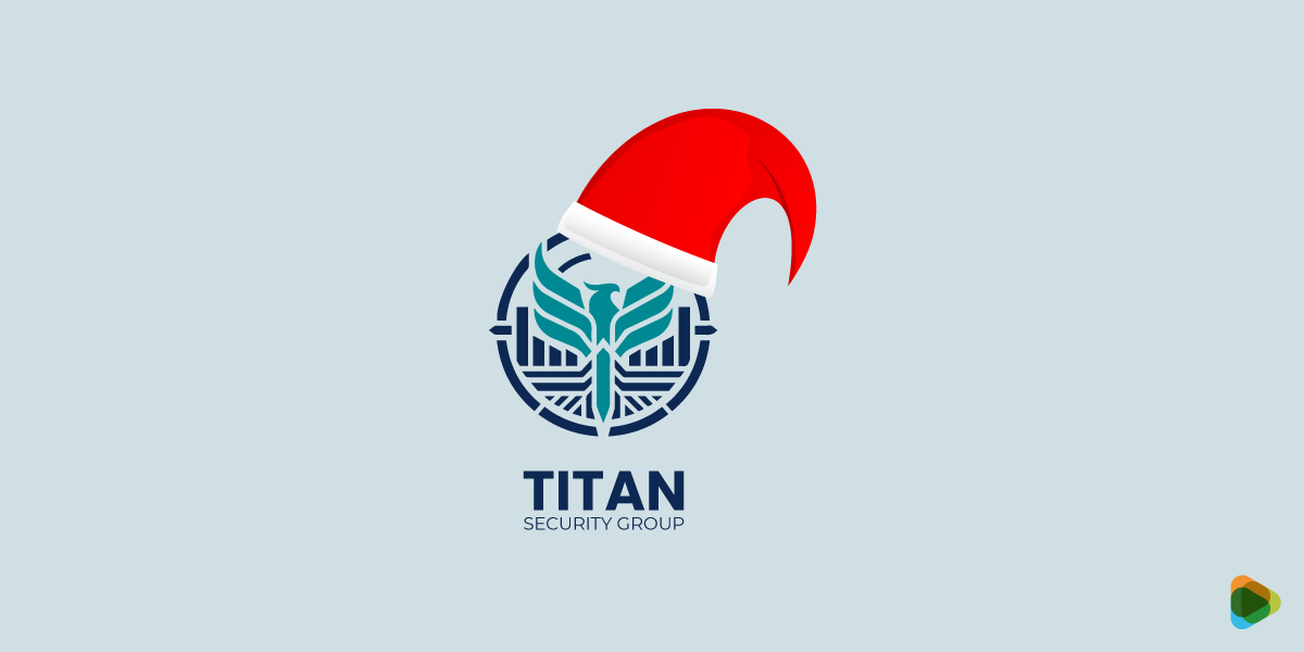 Titan Security Group Holiday Logo Titan Security Group logo with teal emblem wearing a red Santa hat.