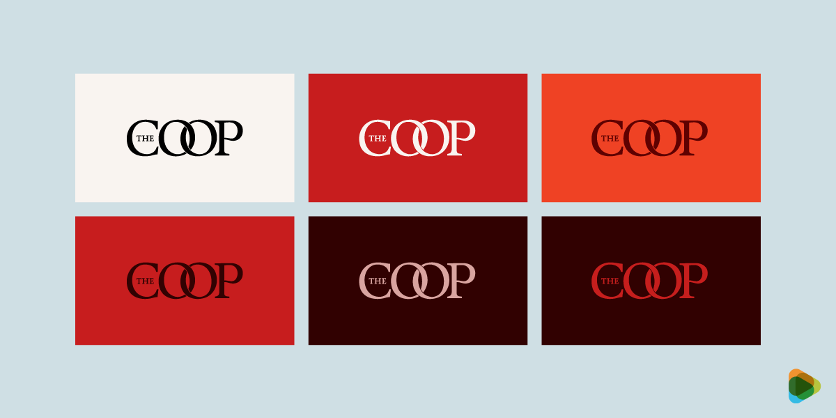 The Coop” Logo Color Variations Grid Six variations of “The Coop” logo displayed in a grid with different background colors.