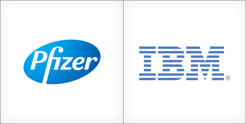 Pfizer logo, IBM logo, blue logos