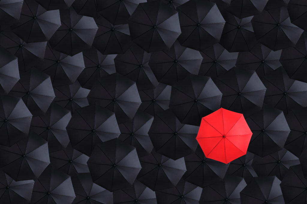 Red against black background