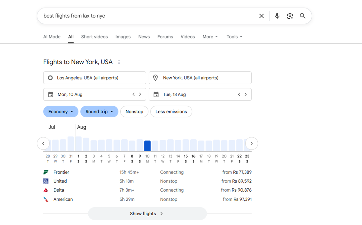 user searches for a query like best flights from LAX to NYC user searches for a query like best flights from LAX to NYC