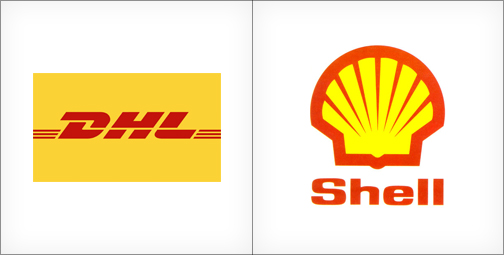 DHL logo, Shell logo, yellow logos